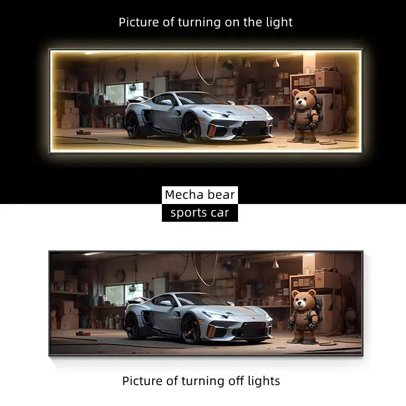 Modern silver sports car led wall lamp featuring a sleek futuristic design with black rims for living room decor
