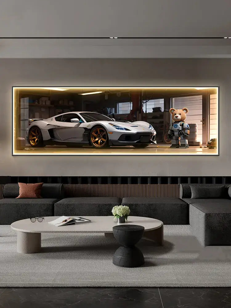 A sleek silver sports car with gold rims displayed in a modern led wall lamp illuminated living room art piece
