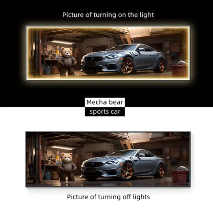 A modern silver sports car led wall lamp with gold-accented wheels and aerodynamic design for living room décor