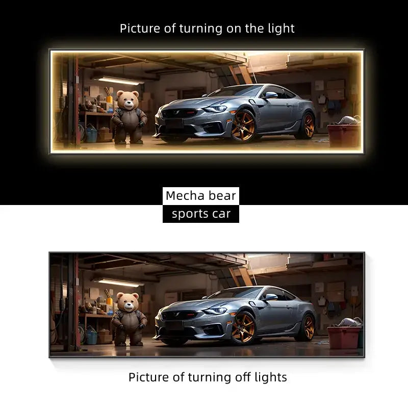 A modern silver sports car led wall lamp with gold-accented wheels and aerodynamic design for living room décor