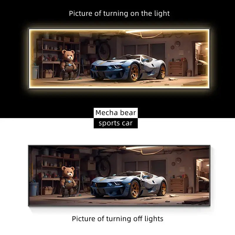Modern silver sports car led wall lamp featuring a sleek blue metallic sports car with gold rims and mecha bear art