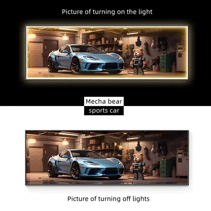 A sleek light blue sports car with black rims parked beside a small mecha bear under a modern silver led wall lamp