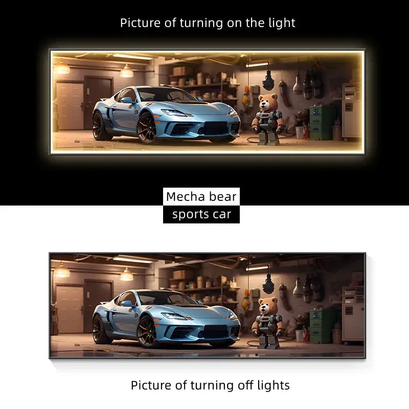 A sleek light blue sports car with black rims parked beside a small mecha bear under a modern silver led wall lamp