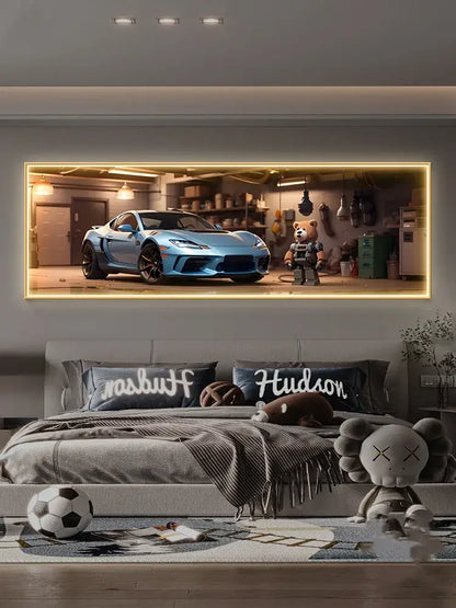 Modern silver sports car led wall lamp featuring light blue sports car with black rims in illuminated wall art frame