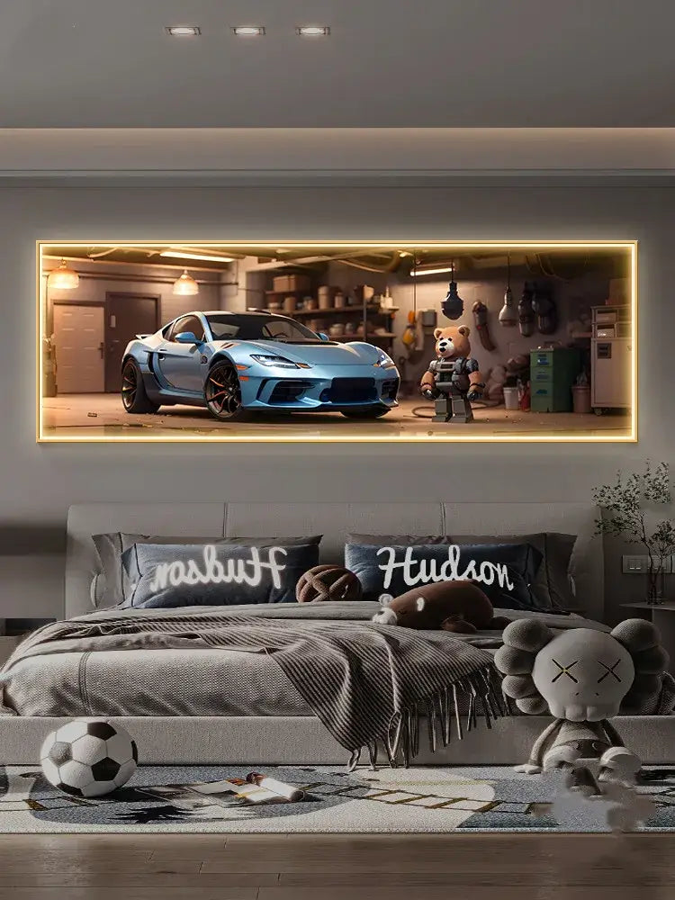 Modern silver sports car led wall lamp featuring light blue sports car with black rims in illuminated wall art frame