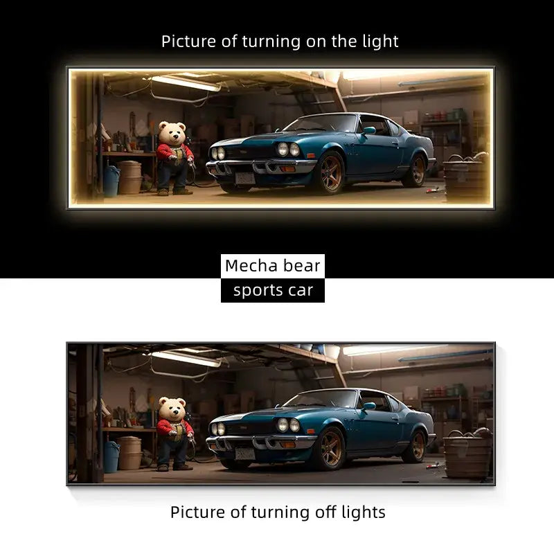Blue classic sports car with chrome accents and red-rimmed wheels featured in modern silver led wall lamp for living room