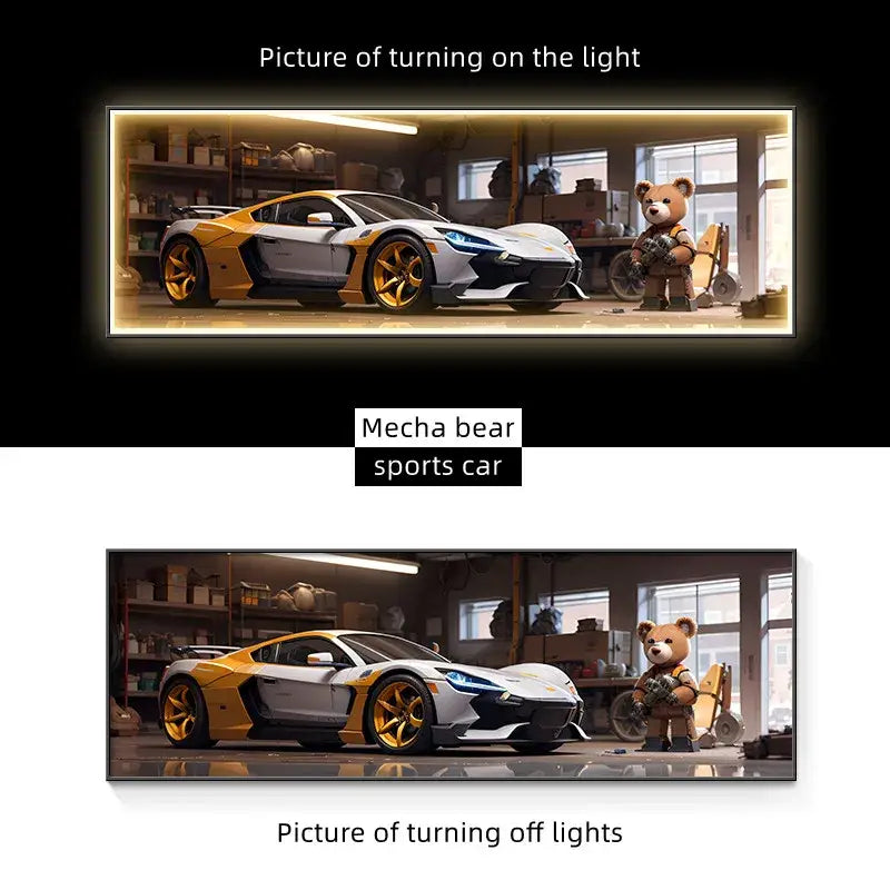 Modern silver sports car led wall lamp with white and gold body and glowing blue headlights for living room illumination