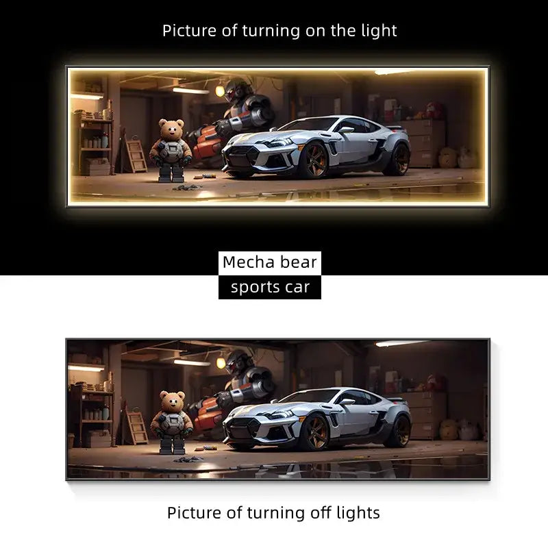 Modern silver sports car led wall lamp with black accents and gold rims illuminating living room art wall lamp