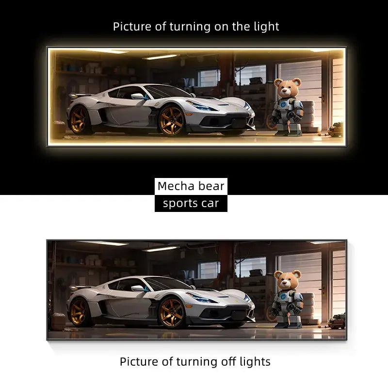 Modern silver sports car led wall lamp featuring a white car with gold rims and sleek aerodynamic design illuminated art