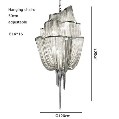 Modern silver tassel chain chandelier with cascading crystal strands and tiered curved metallic frames for dining room decorbites gold tassel alternative