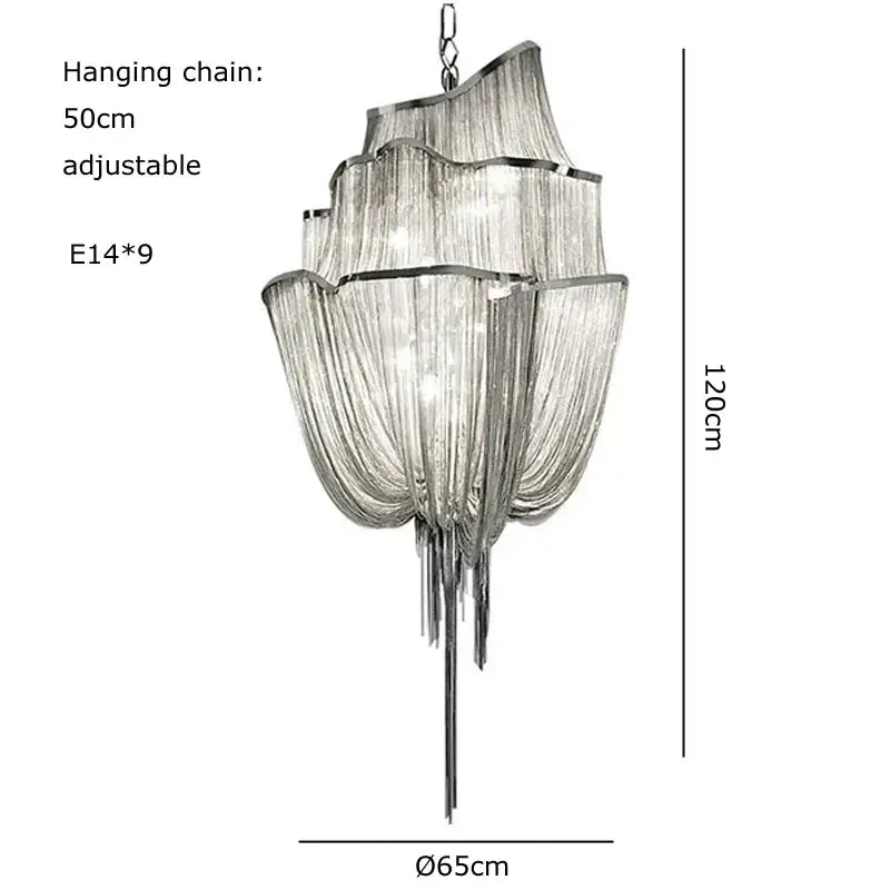 Modern silver tassel chain chandelier with cascading glass fringe and sleek metallic frame for dining room decorbites gold tassel