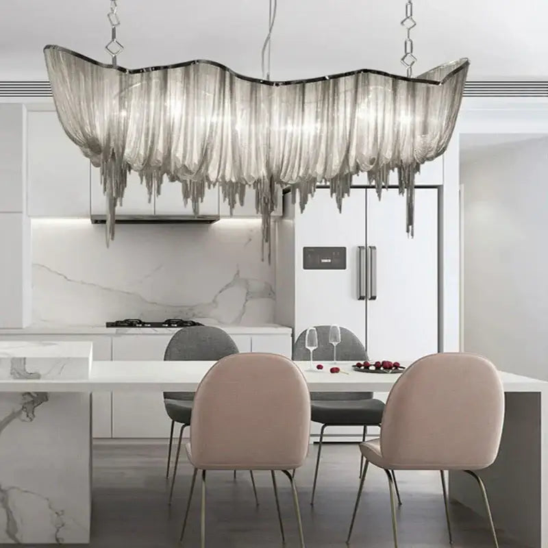 Modern silver tassel chain chandelier with translucent gray glass and metallic chains for dining room decorbites gold tassel