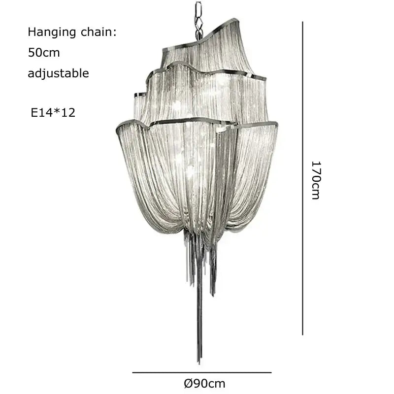 Modern silver tassel chain chandelier with cascading layered glass fringe and sleek metallic frame for dining room decorbites gold tassel