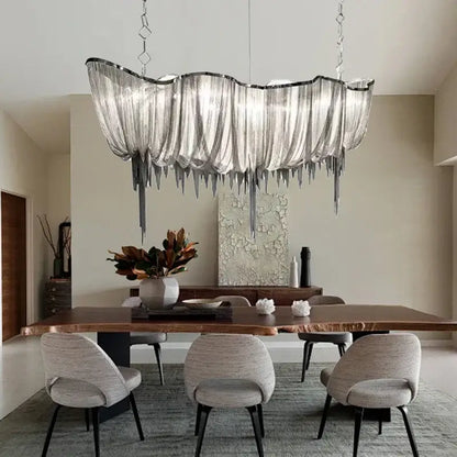 Modern silver tassel chain chandelier with translucent glass curtain and metallic icicle drips for dining room decorbites gold tassel
