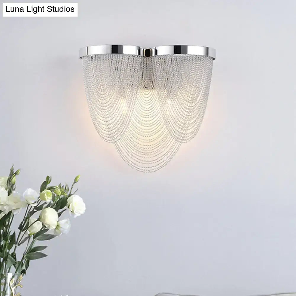 Modern silver tassel chain wall light with chrome finish and clear crystal bead fan design for sitting room sconce