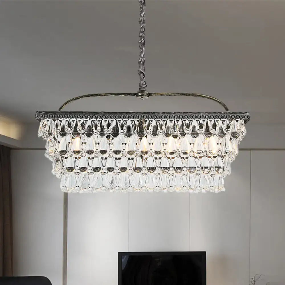 Rectangular modern silver ceiling light with teardrop crystal tiers and silver-toned metal frame 220v-240v