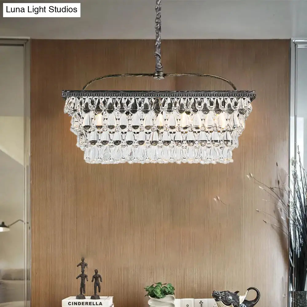 Modern silver rectangular ceiling light with dark metal frame and teardrop crystal tiers for 220v-240v use