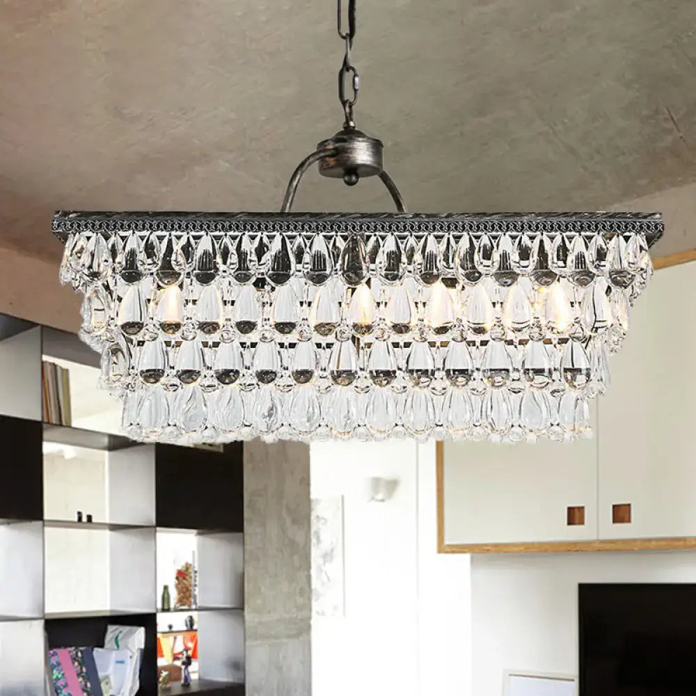 Modern silver teardrop crystal ceiling light with multi-tier rectangular frame 220v-240v for living room use
