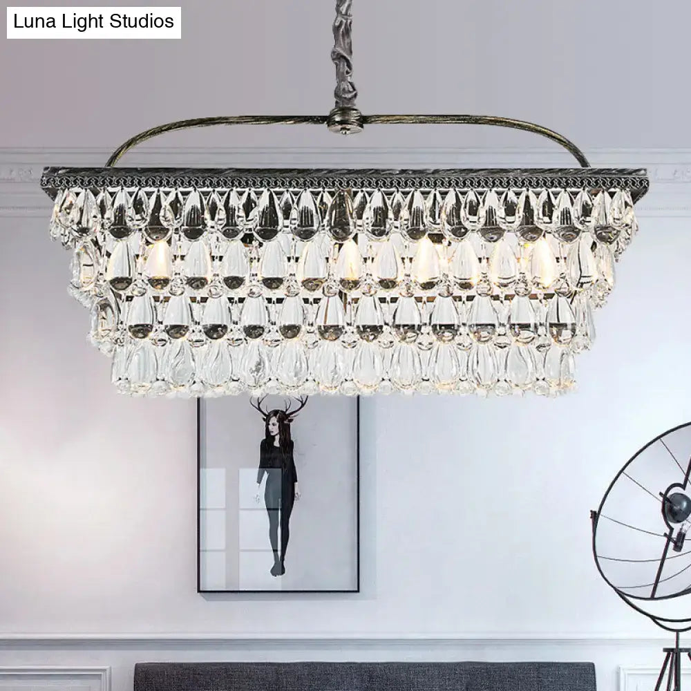 Antique brass-finished rectangular ceiling light with cascading clear teardrop crystal pendants 220v-240v