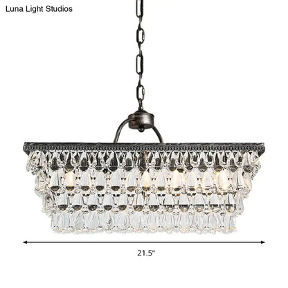 Modern silver rectangular ceiling light with dark metal frame and teardrop crystal droplets 220v-240v for living room