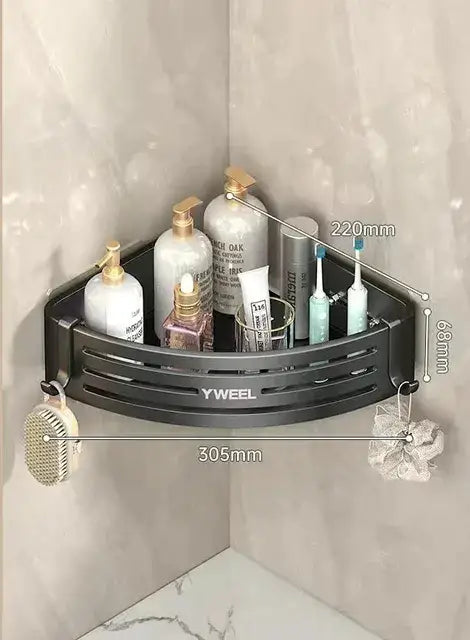 Black yweel brand corner shower caddy with sleek slatted design and hooks as decorbites corner shelf organizer