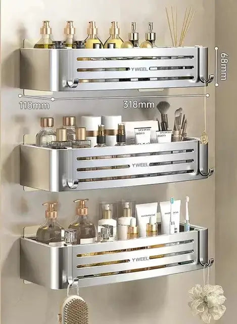 Modern silver two tier corner shelf organizer with horizontal slats and hooks from decorbites corner shelf collection