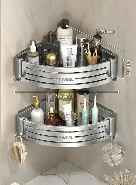 Modern silver two tier corner shelf organizer bathroom storage rack with slatted design and yweel branding decorbites corner shelf