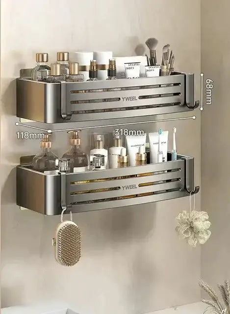 Modern silver two tier metal bathroom corner shelf organizer with slatted design and yweel branding by decorbites corner shelf