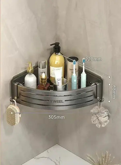 Modern silver metallic decorbites corner shelf organizer with two tiers, horizontal slats, and hanging loops for bathroom storage