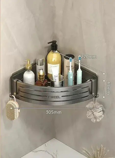Modern silver metallic decorbites corner shelf organizer with two tiers, horizontal slats, and hanging loops for bathroom storage
