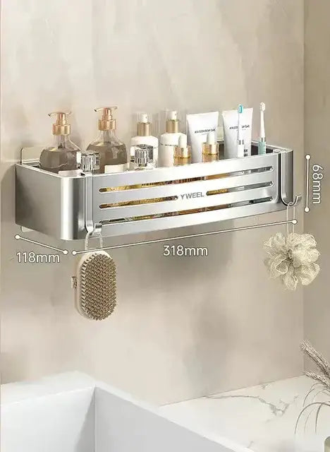 Modern silver metallic two tier corner shelf organizer with horizontal slats and hooks for decorbites corner shelf use