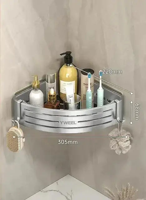 Modern silver decorbites corner shelf organizer with two tiers, metallic slatted design, and two hanging hooks for bathroom storage