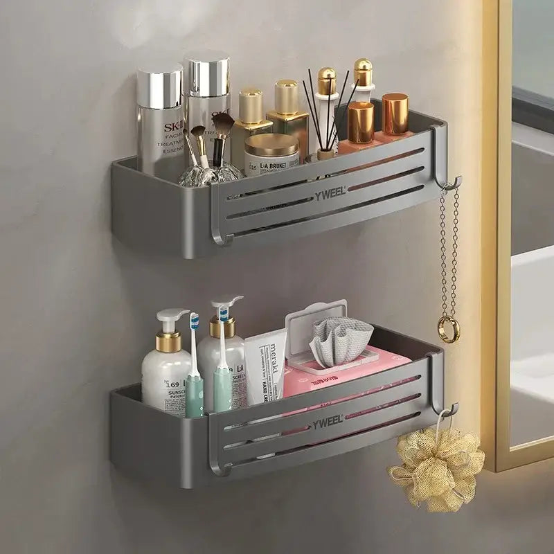 Modern silver two tier gray wall mounted corner shelf organizer with slatted design branded yweel for decorbites corner shelf use