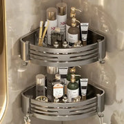 Modern silver two tier corner shelf organizer with sleek horizontal slats for bathroom storage by decorbites corner shelf