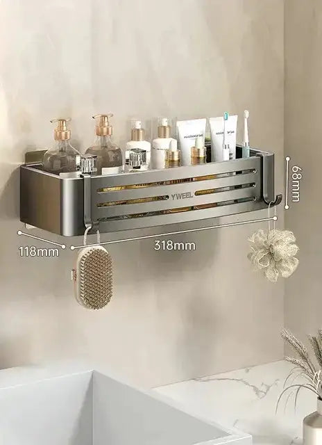 Modern silver two tier corner shelf organizer with slatted metal design and integrated hooks for decorbites corner shelf use