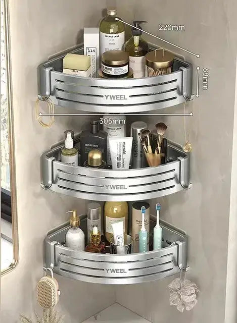Modern silver three tier corner shelf organizer with horizontal slats for bathroom storage by decorbites corner shelf