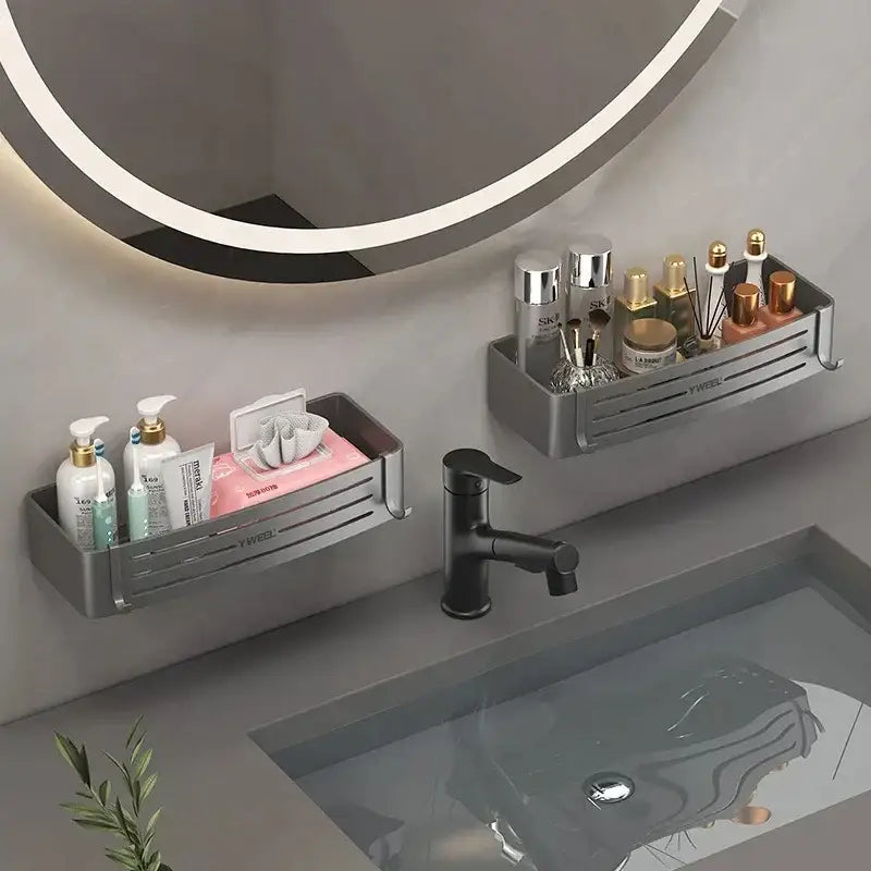 Modern silver two tier corner shelf organizer with metallic slatted sides for bathroom storage by decorbites corner shelf