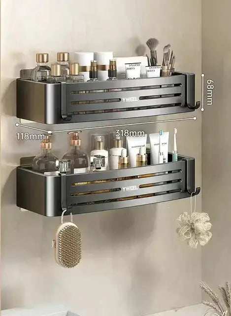 Modern silver two tier corner shelf organizer with slatted design and hanging hooks by decorbites corner shelf