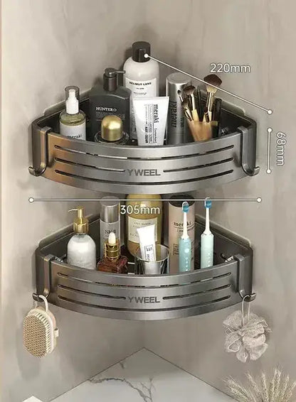 Modern silver two tier corner shelf organizer with slatted design and yweel branding for decorbites corner shelf use