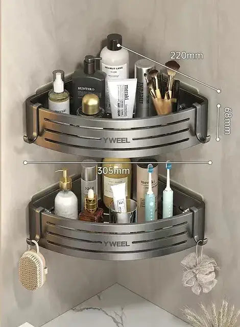 Modern silver two tier corner shelf organizer with slatted design and yweel branding for decorbites corner shelf use