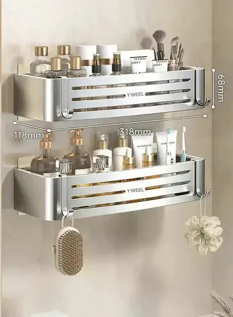 Modern silver two tier corner shelf organizer with horizontal slats and hooks by decorbites corner shelf