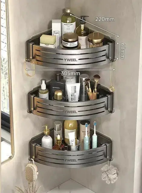 Modern silver two tier corner shelf organizer with brushed metallic finish and horizontal slat design decorbites corner shelf