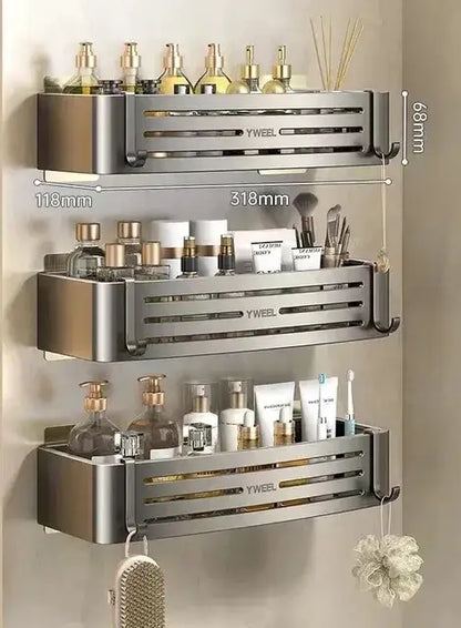Modern silver metallic decorbites corner shelf organizer with three tiers and horizontal slats for bathroom storage