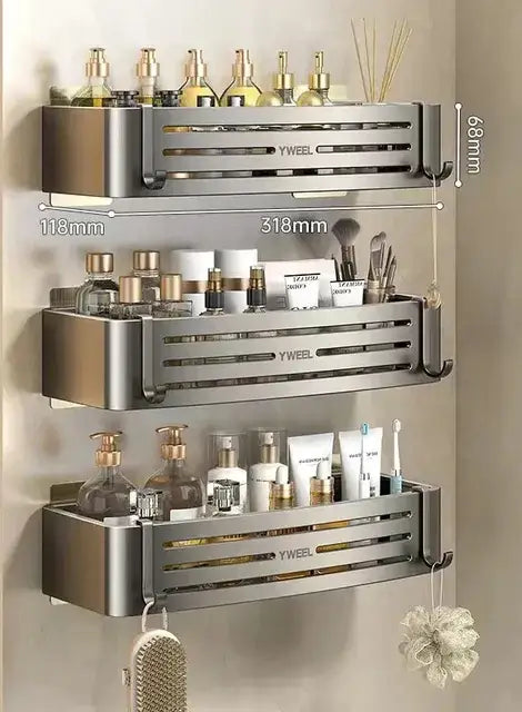 Modern silver metallic decorbites corner shelf organizer with three tiers and horizontal slats for bathroom storage