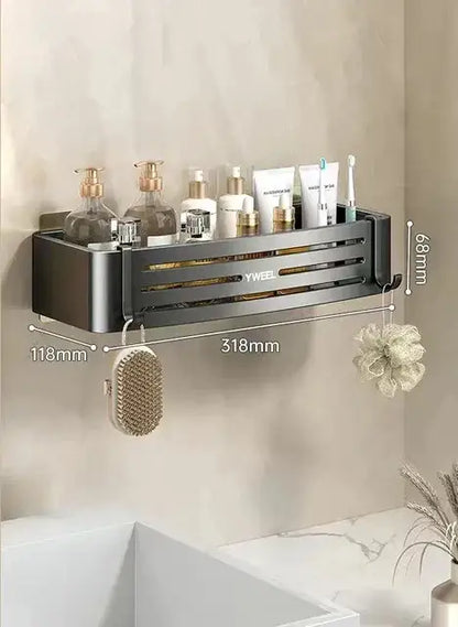 Black metal wall-mounted bathroom corner shelf organizer with slatted design and hooks from decorbites corner shelf