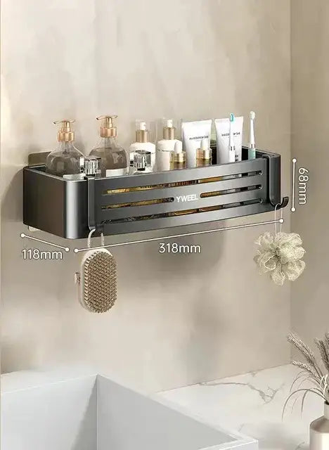 Black metal wall-mounted bathroom corner shelf organizer with slatted design and hooks from decorbites corner shelf