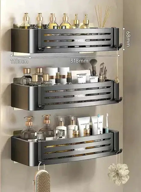 Modern silver metallic decorbites corner shelf organizer with three tiers and horizontal slats for bathroom storage