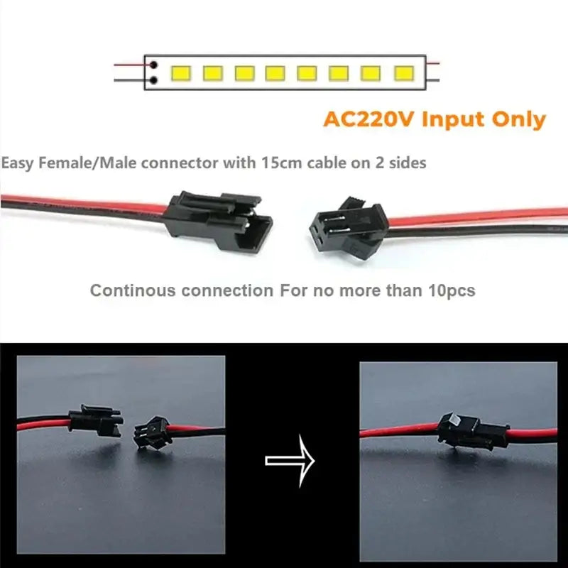 Black plastic female and male connectors with red and black wires for continuous connection of modern silver led bar strip light