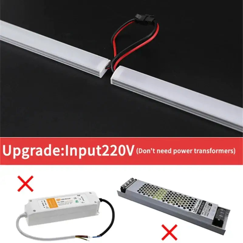 White modern silver u-shape led bar strip light with slim profile and integrated power cable for kitchen under cabinet use