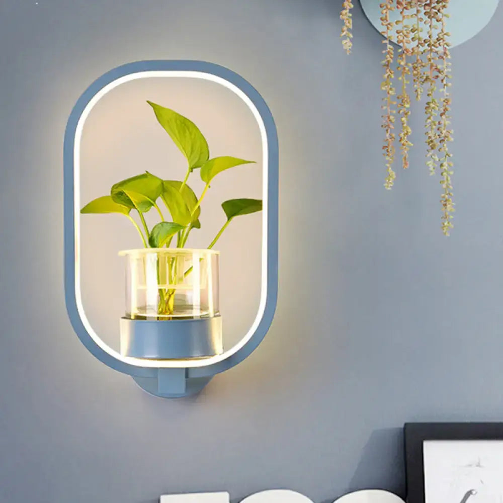 Modern silver wall light with integrated led plant pot in blue oval housing for 110v-120v bedroom sconce lighting